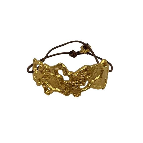 Boutique Boho Handmade Chunky Gold Foil Nugget Leather Statement Bracelet - Picture 1 of 9